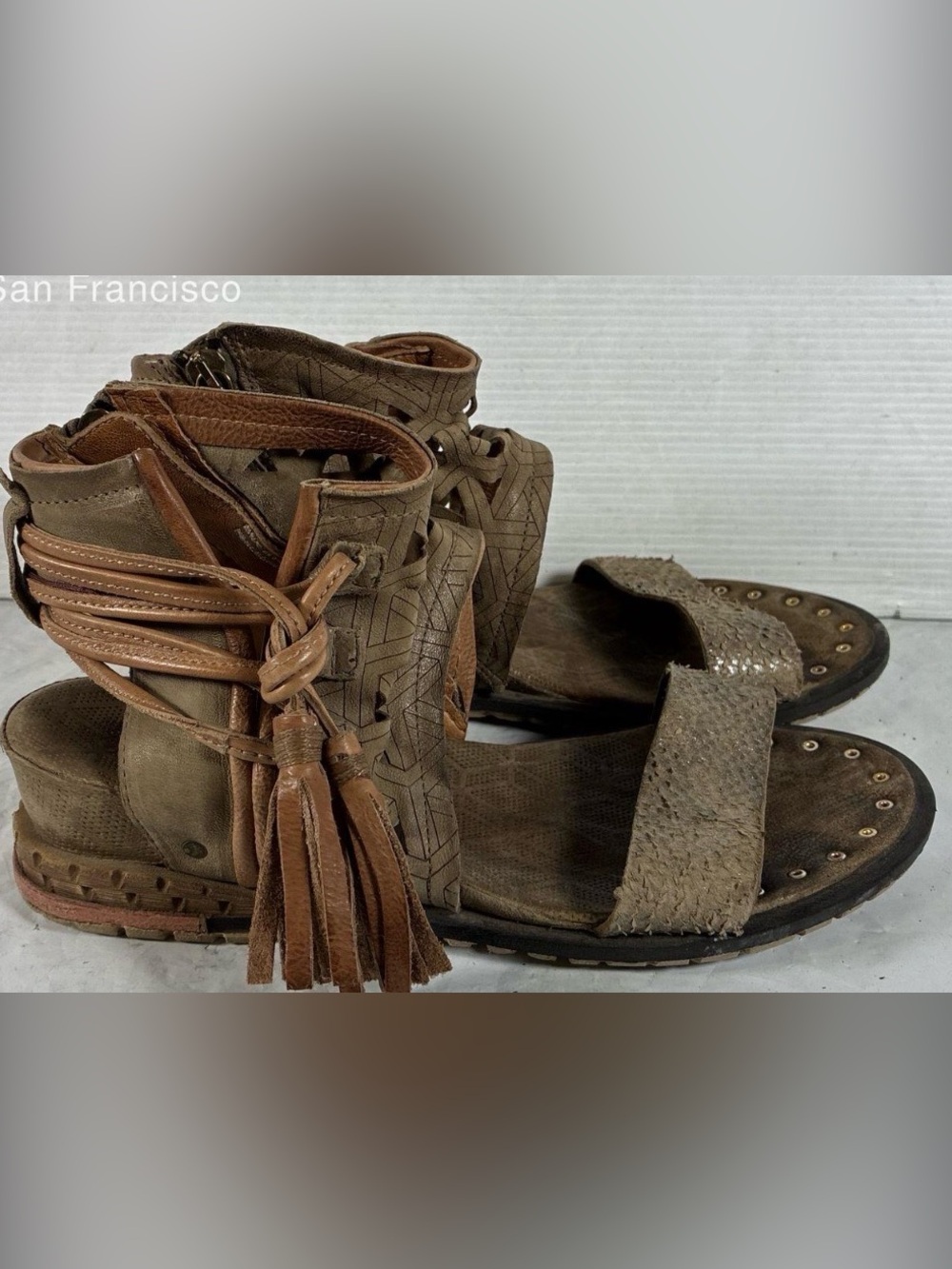 A.S.98 Airstep Leather Gladiator Sandals Tassel Lace-Up Laser Cut Boho Festival